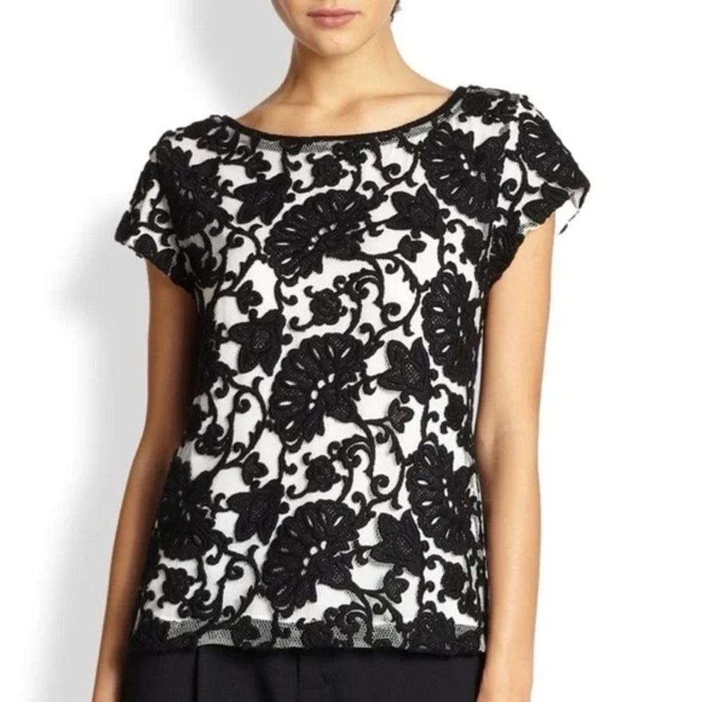Alice + Olivia Connie Embroidered Tulle Top black white floral lace mesh size S